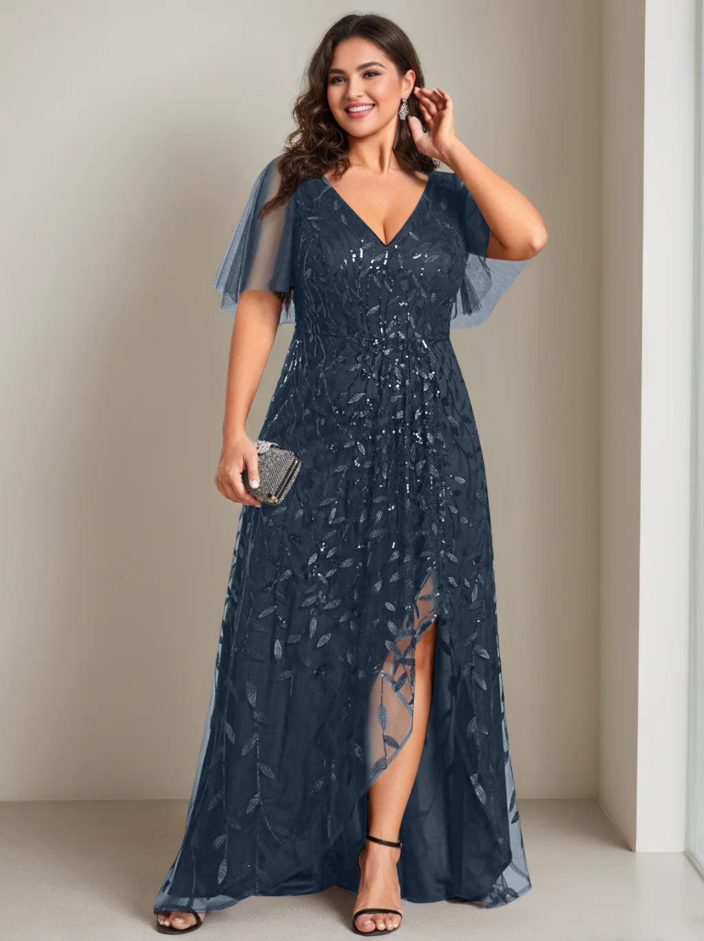 Plus Size Asymmetrical A Line V Neck Short Sleeve Mother of the Bride Dress with Sequins