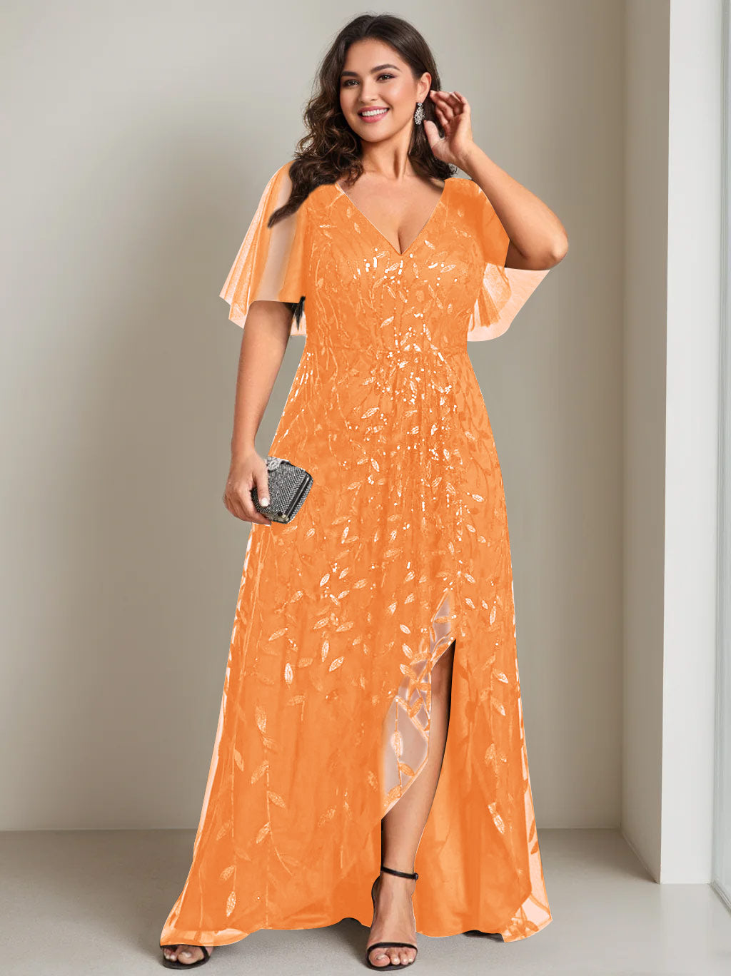 Plus Size Asymmetrical A Line V Neck Short Sleeve Mother of the Bride Dress with Sequins