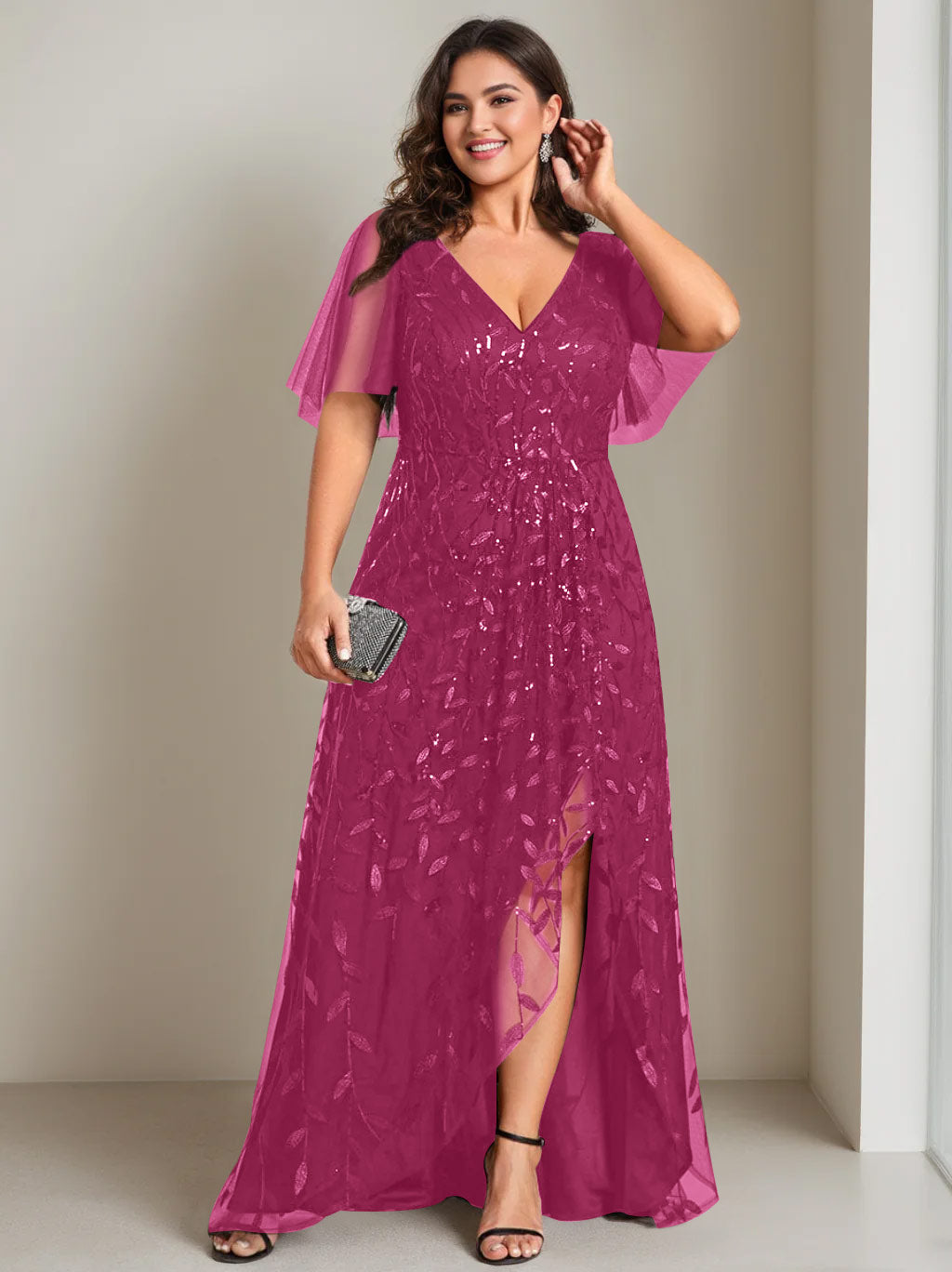 Plus Size Asymmetrical A Line V Neck Short Sleeve Mother of the Bride Dress with Sequins
