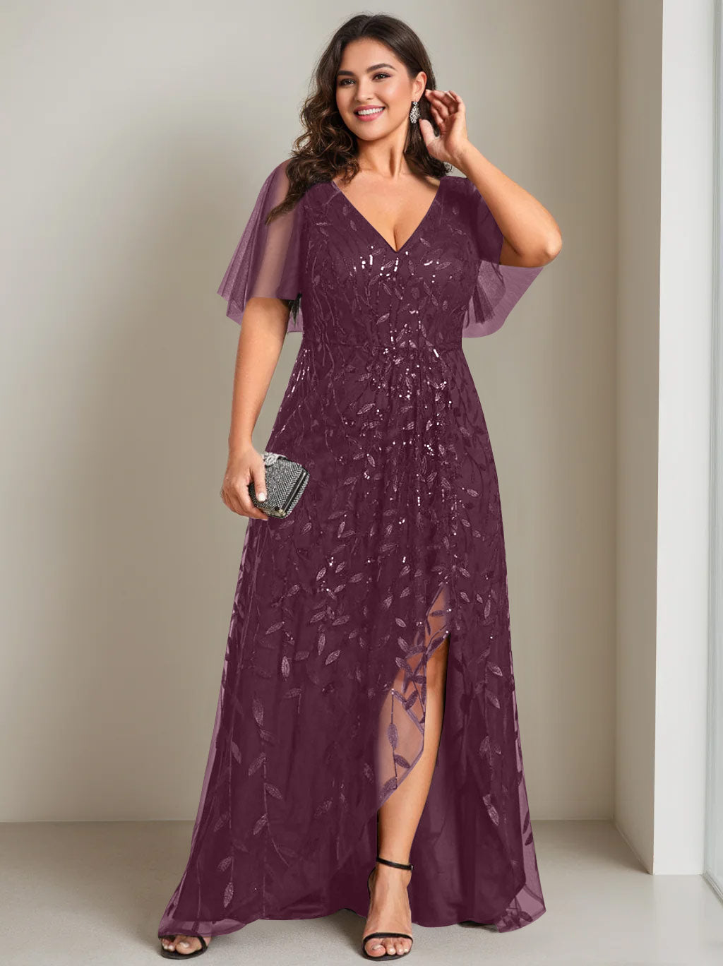 Plus Size Asymmetrical A Line V Neck Short Sleeve Mother of the Bride Dress with Sequins