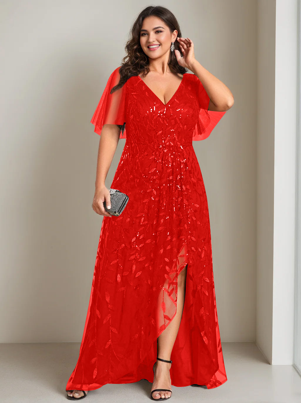 Plus Size Asymmetrical A Line V Neck Short Sleeve Mother of the Bride Dress with Sequins