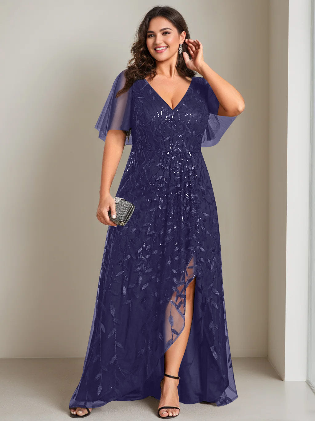 Plus Size Asymmetrical A Line V Neck Short Sleeve Mother of the Bride Dress with Sequins