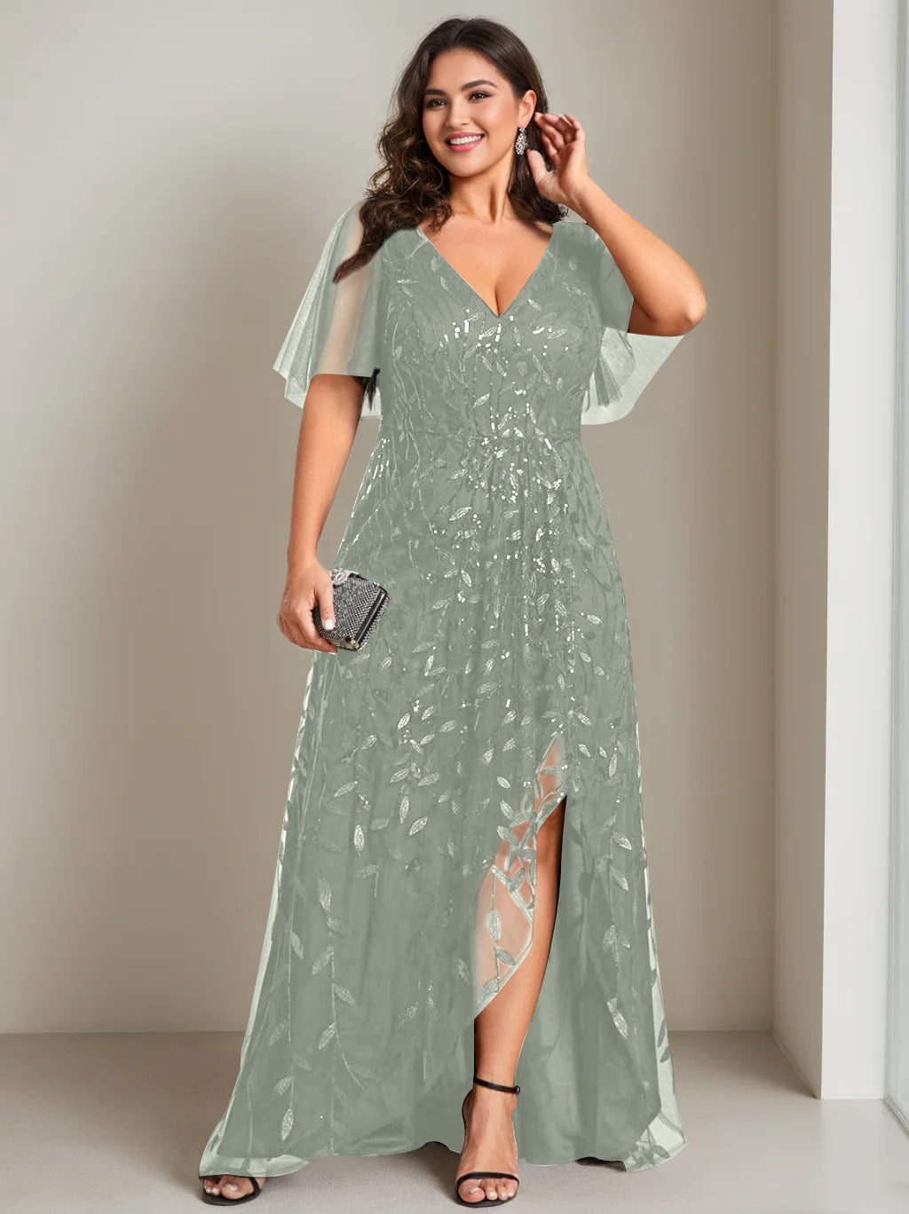 Plus Size Asymmetrical A Line V Neck Short Sleeve Mother of the Bride Dress with Sequins