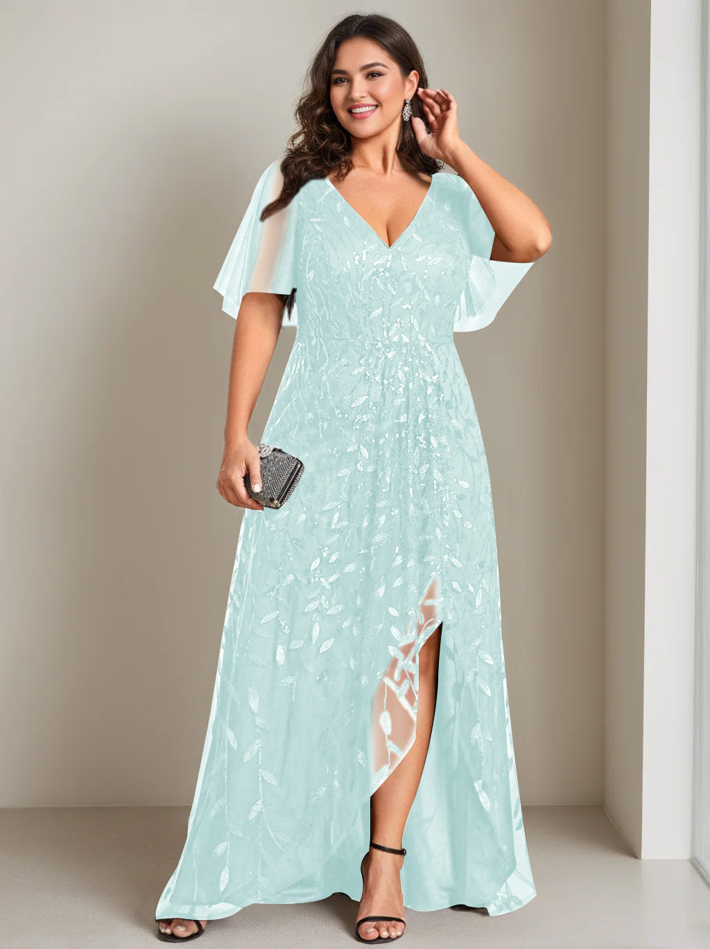 Plus Size Asymmetrical A Line V Neck Short Sleeve Mother of the Bride Dress with Sequins