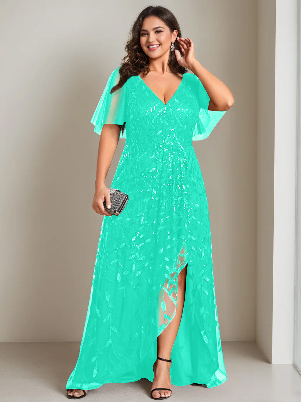 Plus Size Asymmetrical A Line V Neck Short Sleeve Mother of the Bride Dress with Sequins