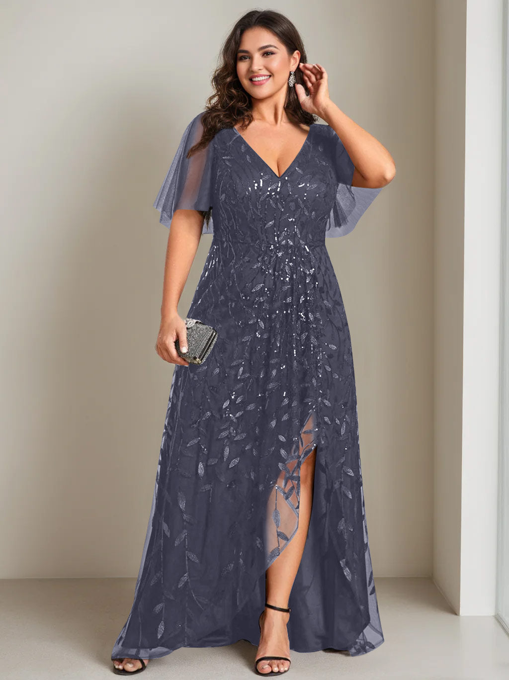 Plus Size Asymmetrical A Line V Neck Short Sleeve Mother of the Bride Dress with Sequins