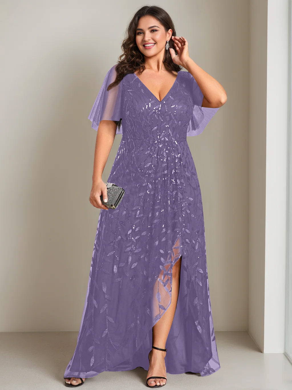 Plus Size Asymmetrical A Line V Neck Short Sleeve Mother of the Bride Dress with Sequins