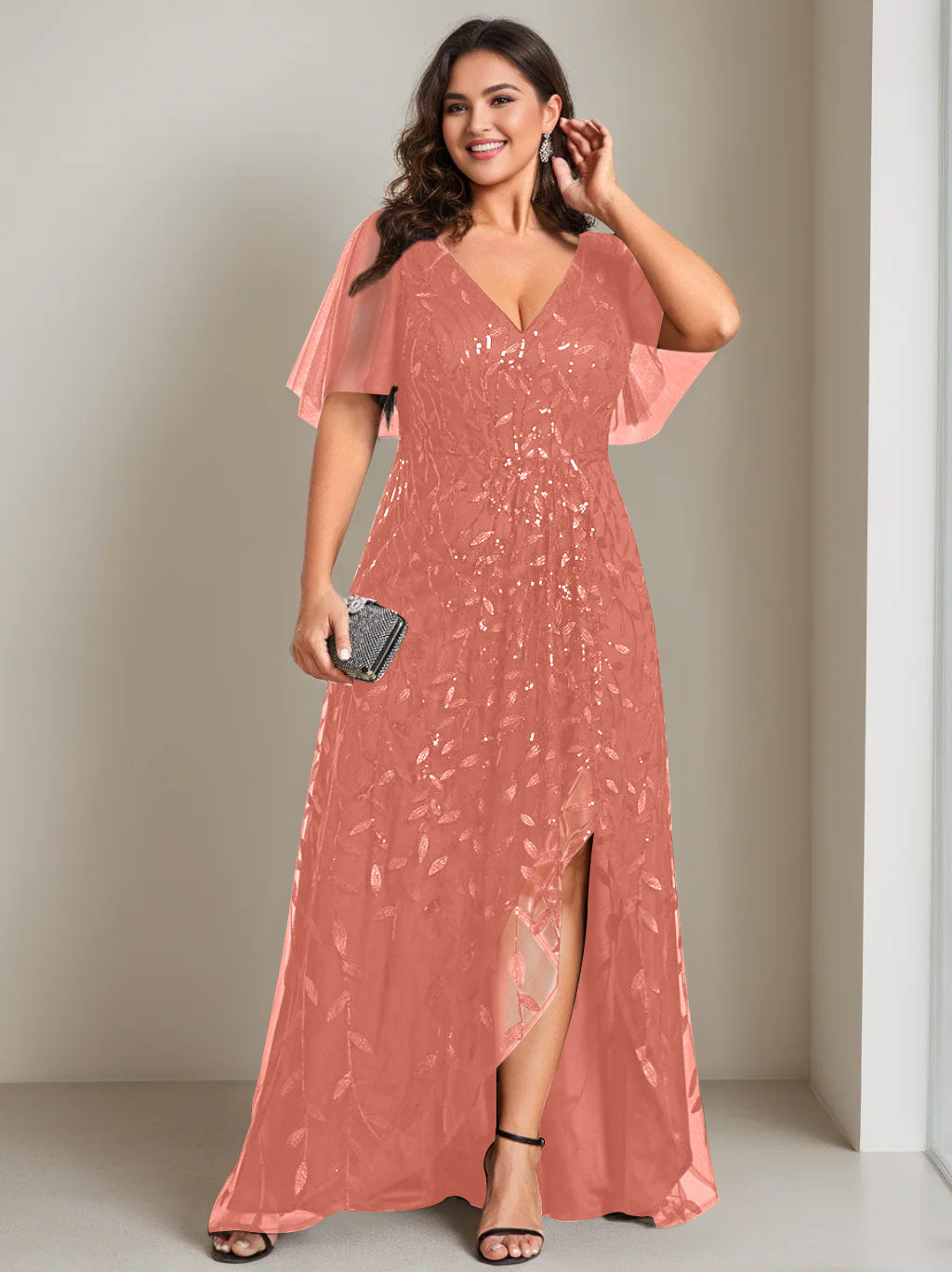 Plus Size Asymmetrical A Line V Neck Short Sleeve Mother of the Bride Dress with Sequins