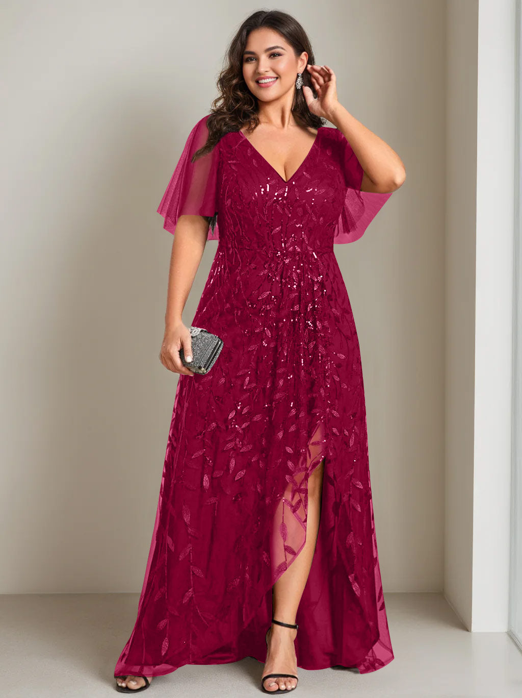 Plus Size Asymmetrical A Line V Neck Short Sleeve Mother of the Bride Dress with Sequins