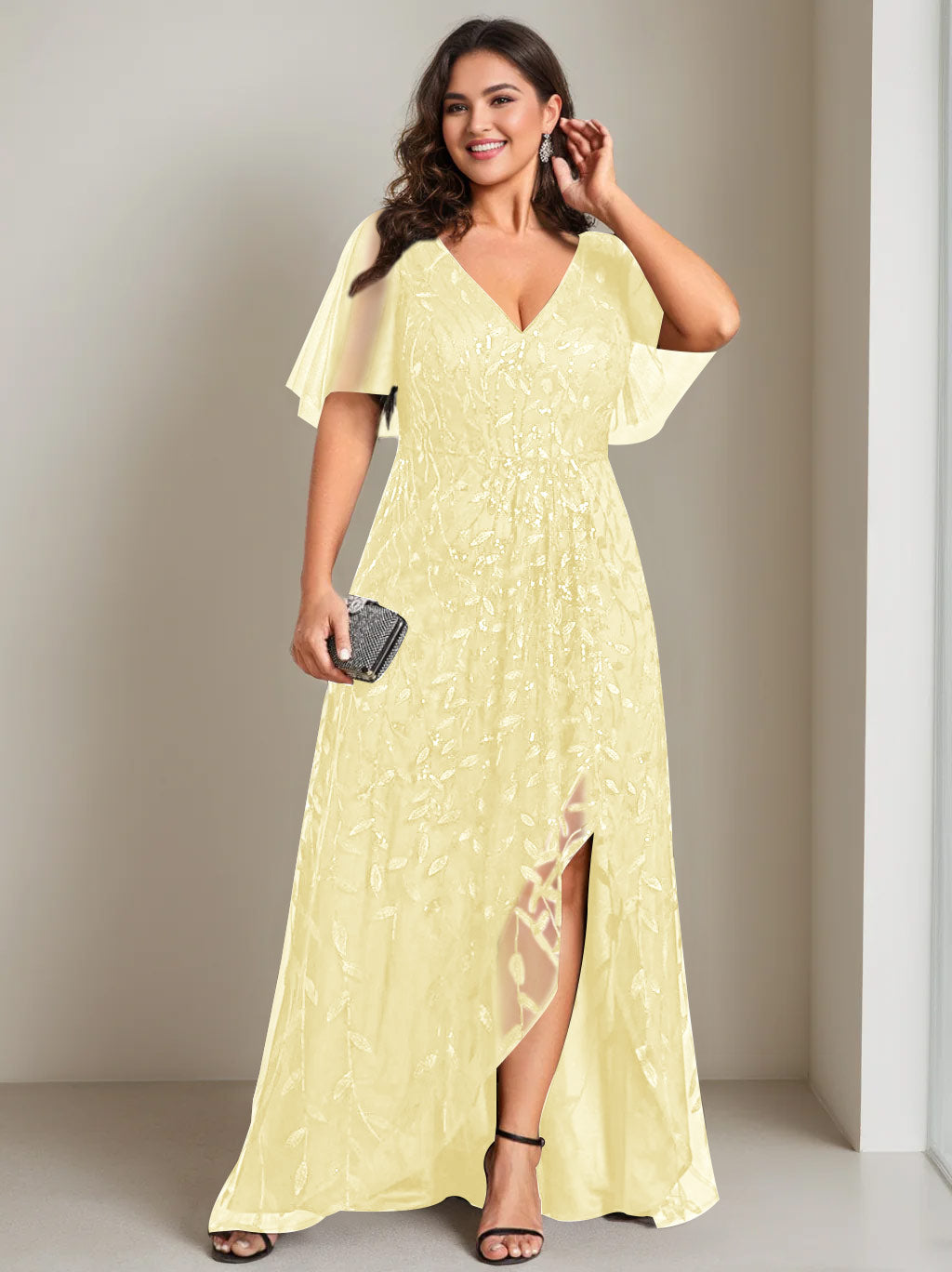 Plus Size Asymmetrical A Line V Neck Short Sleeve Mother of the Bride Dress with Sequins