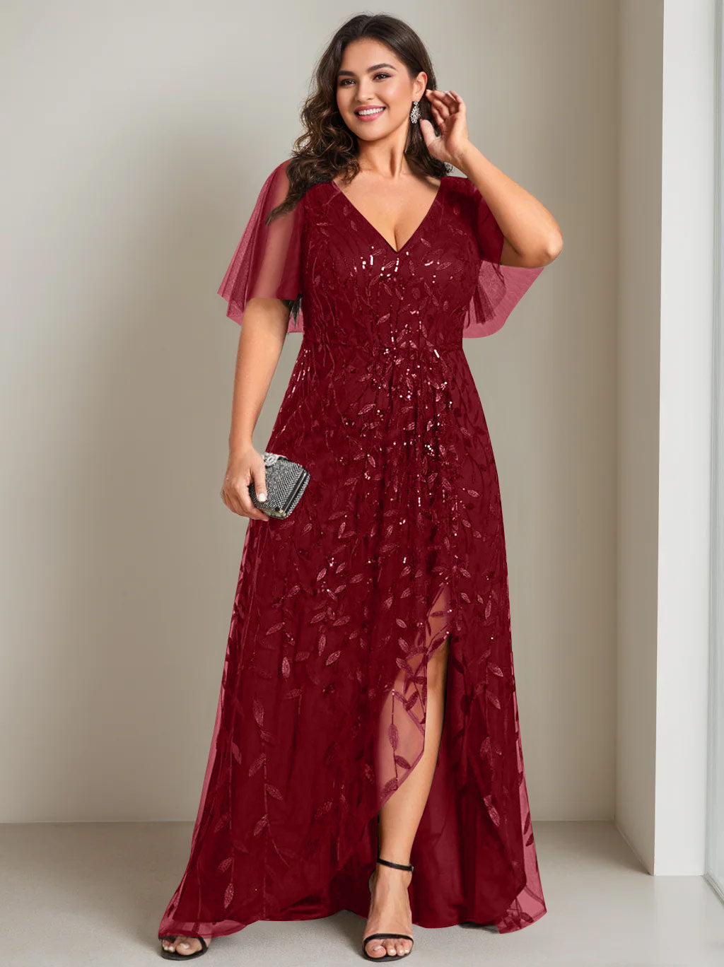 Plus Size Asymmetrical A Line V Neck Short Sleeve Mother of the Bride Dress with Sequins