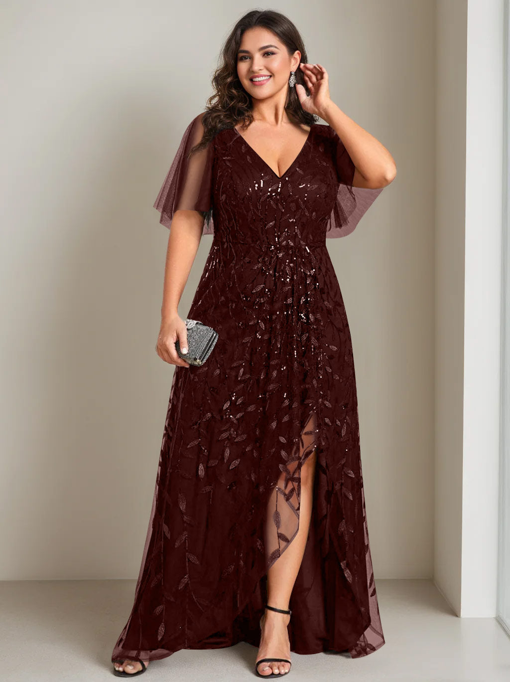Plus Size Asymmetrical A Line V Neck Short Sleeve Mother of the Bride Dress with Sequins