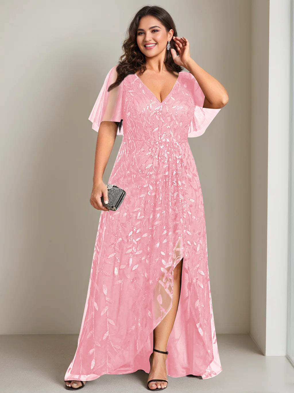 Plus Size Asymmetrical A Line V Neck Short Sleeve Mother of the Bride Dress with Sequins