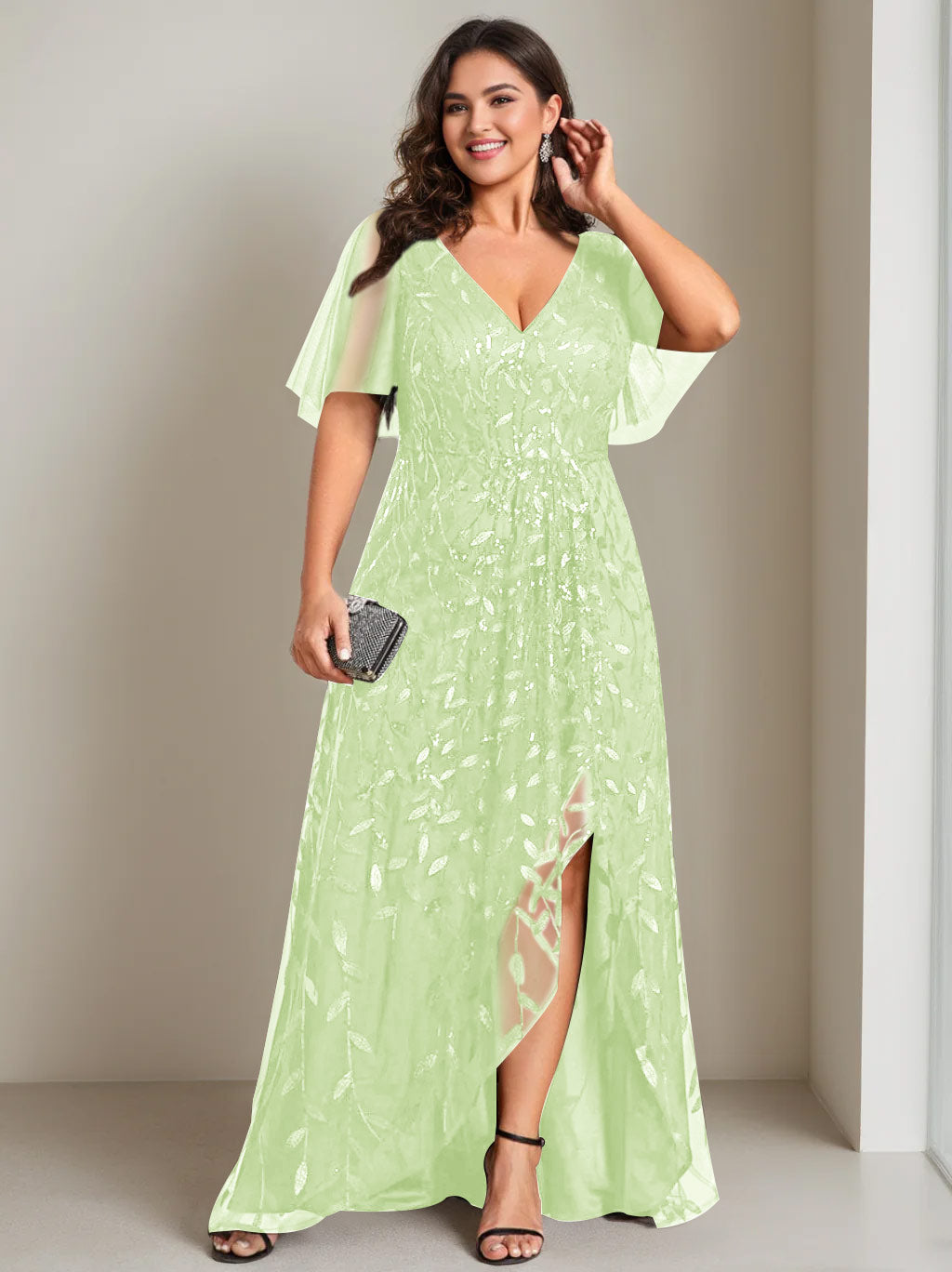 Plus Size Asymmetrical A Line V Neck Short Sleeve Mother of the Bride Dress with Sequins