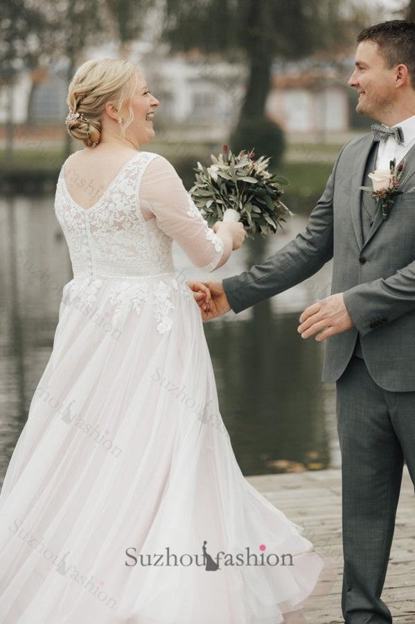 Plus Size Beach Wedding Dress Half Sleeve A Line Lace Bridal Gown