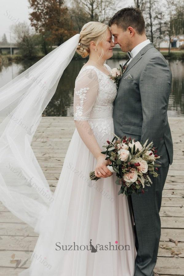 Plus Size Beach Wedding Dress Half Sleeve A Line Lace Bridal Gown