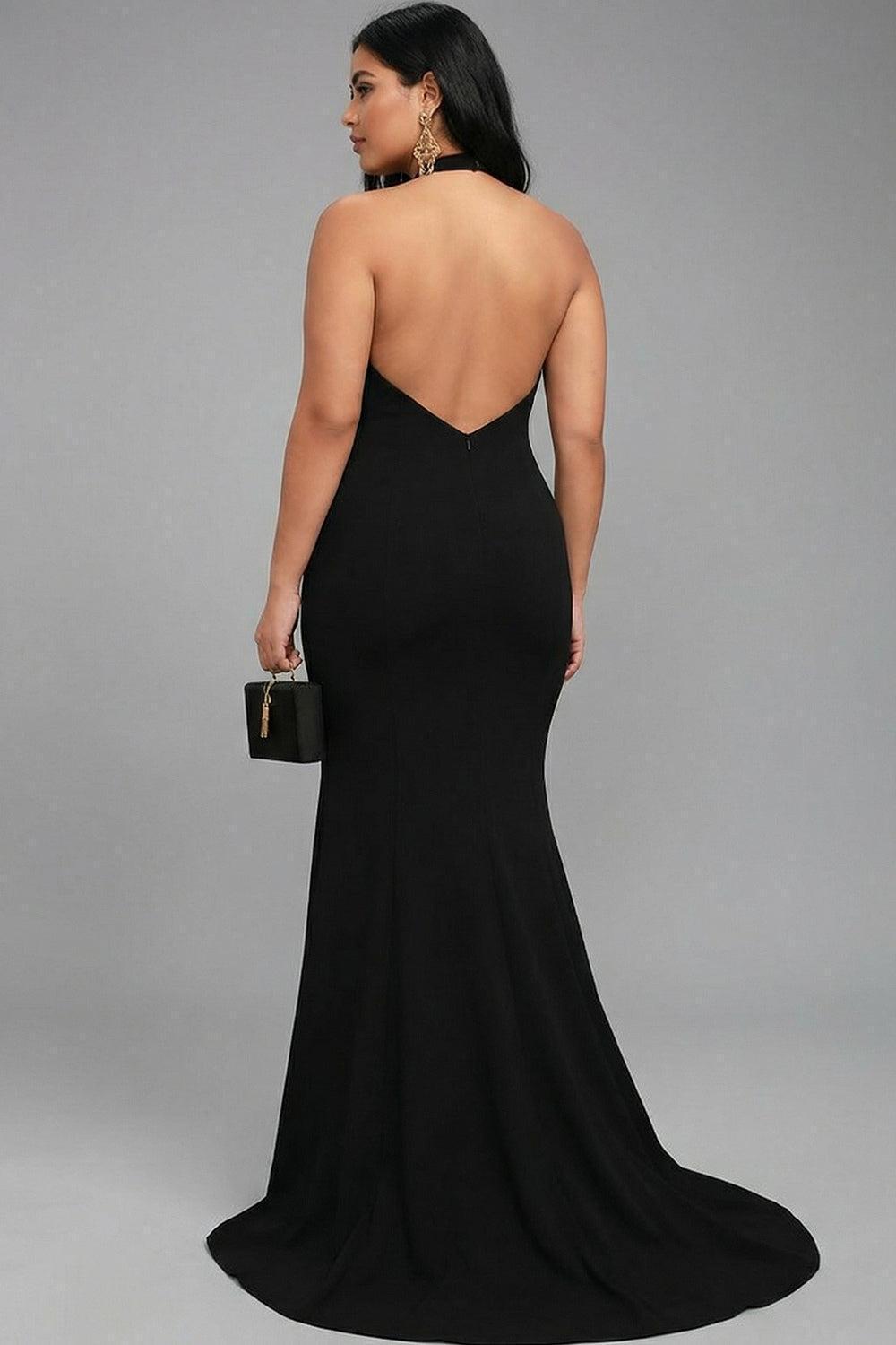 Suzhoufashion Plus Size Black Mermaid Halter Long Prom Dress With Slit