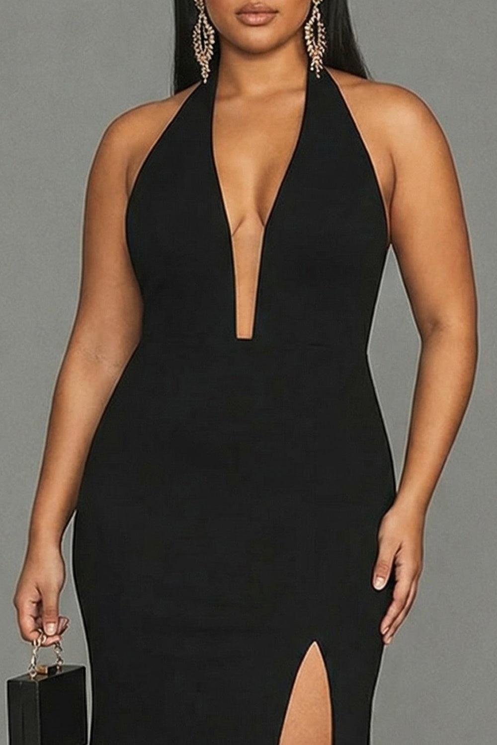 Suzhoufashion Plus Size Black Mermaid Halter Long Prom Dress With Slit