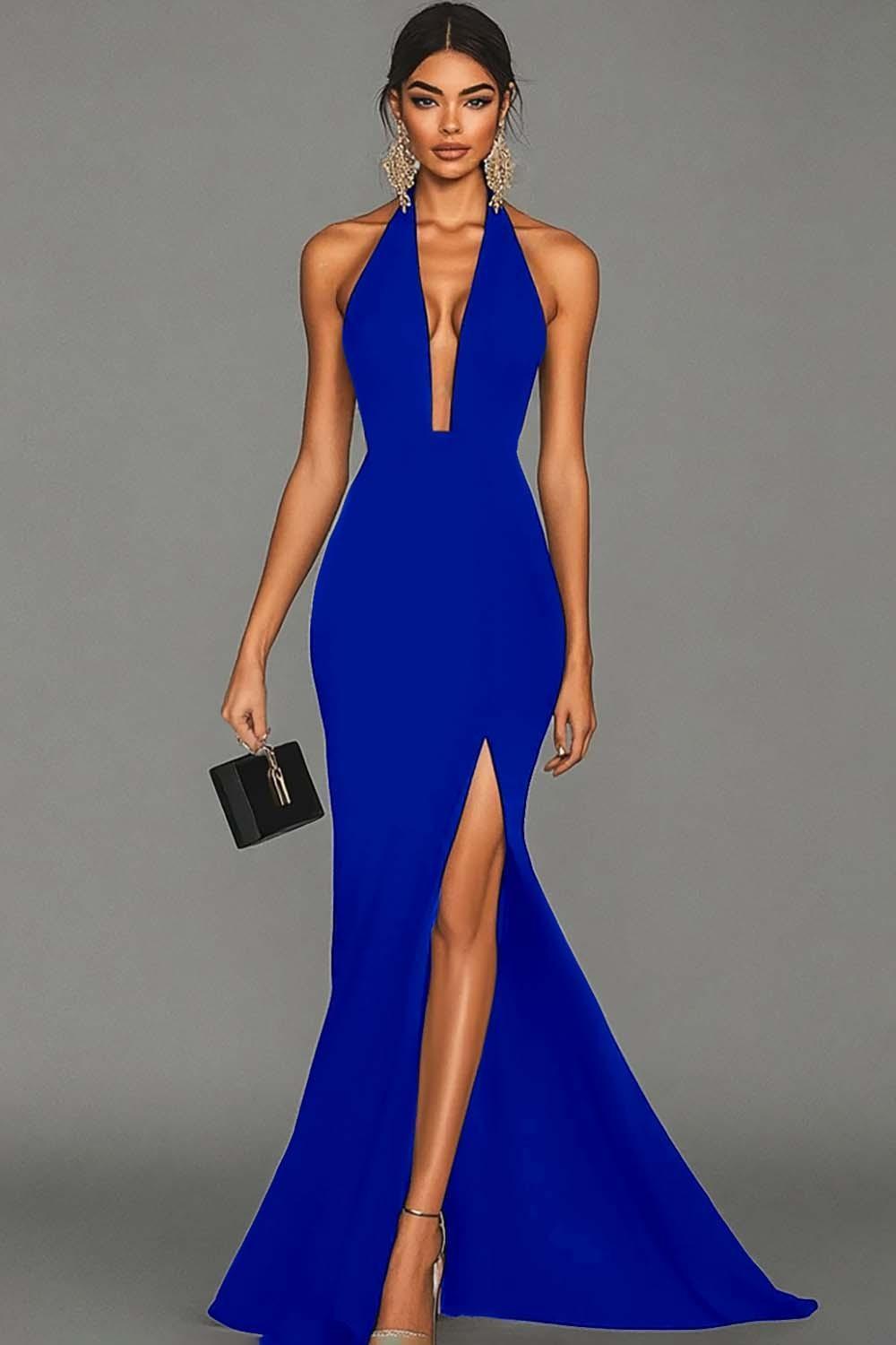Suzhoufashion Plus Size Black Mermaid Halter Long Prom Dress With Slit