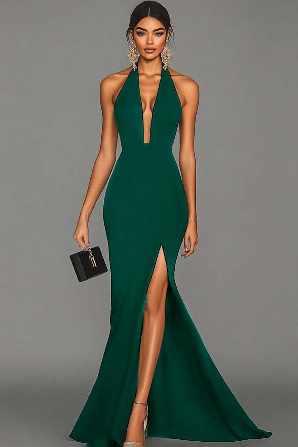 Suzhoufashion Plus Size Black Mermaid Halter Long Prom Dress With Slit