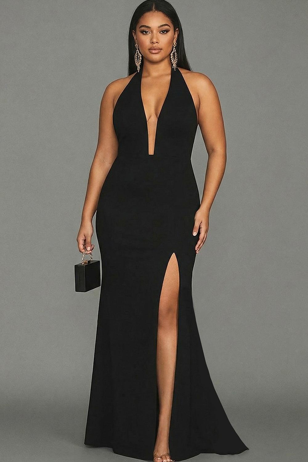Suzhoufashion Plus Size Black Mermaid Halter Long Prom Dress With Slit