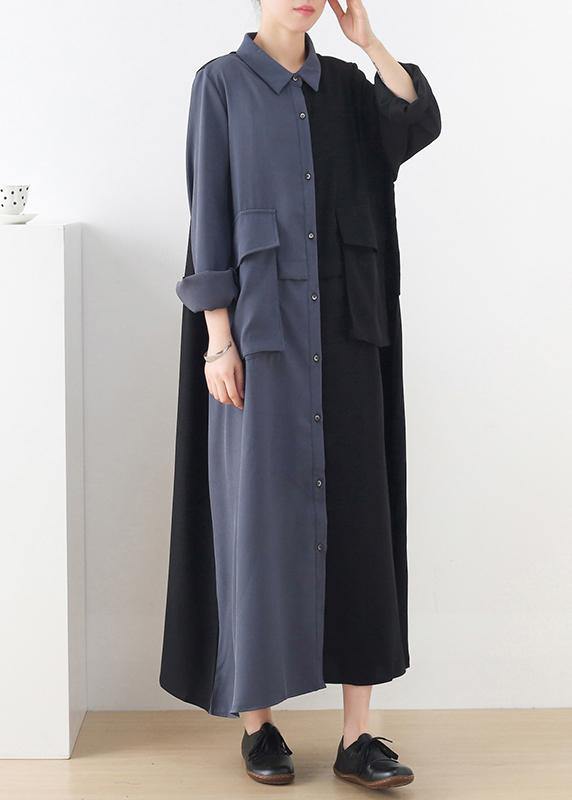 Plus Size Black Patchwork Blue Button Chiffon Spring Dress