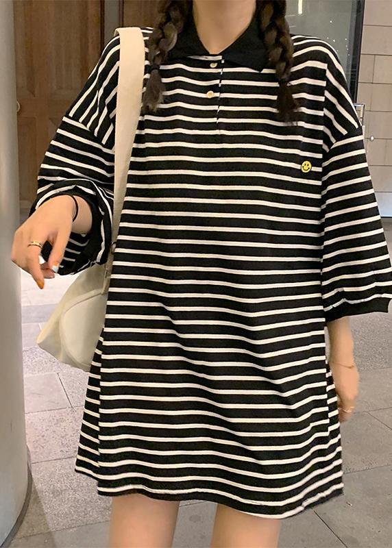 Plus Size Black Striped Cotton Peter Pan Collar Button Summer Mid Dress