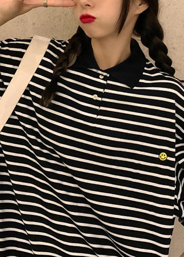 Plus Size Black Striped Cotton Peter Pan Collar Button Summer Mid Dress