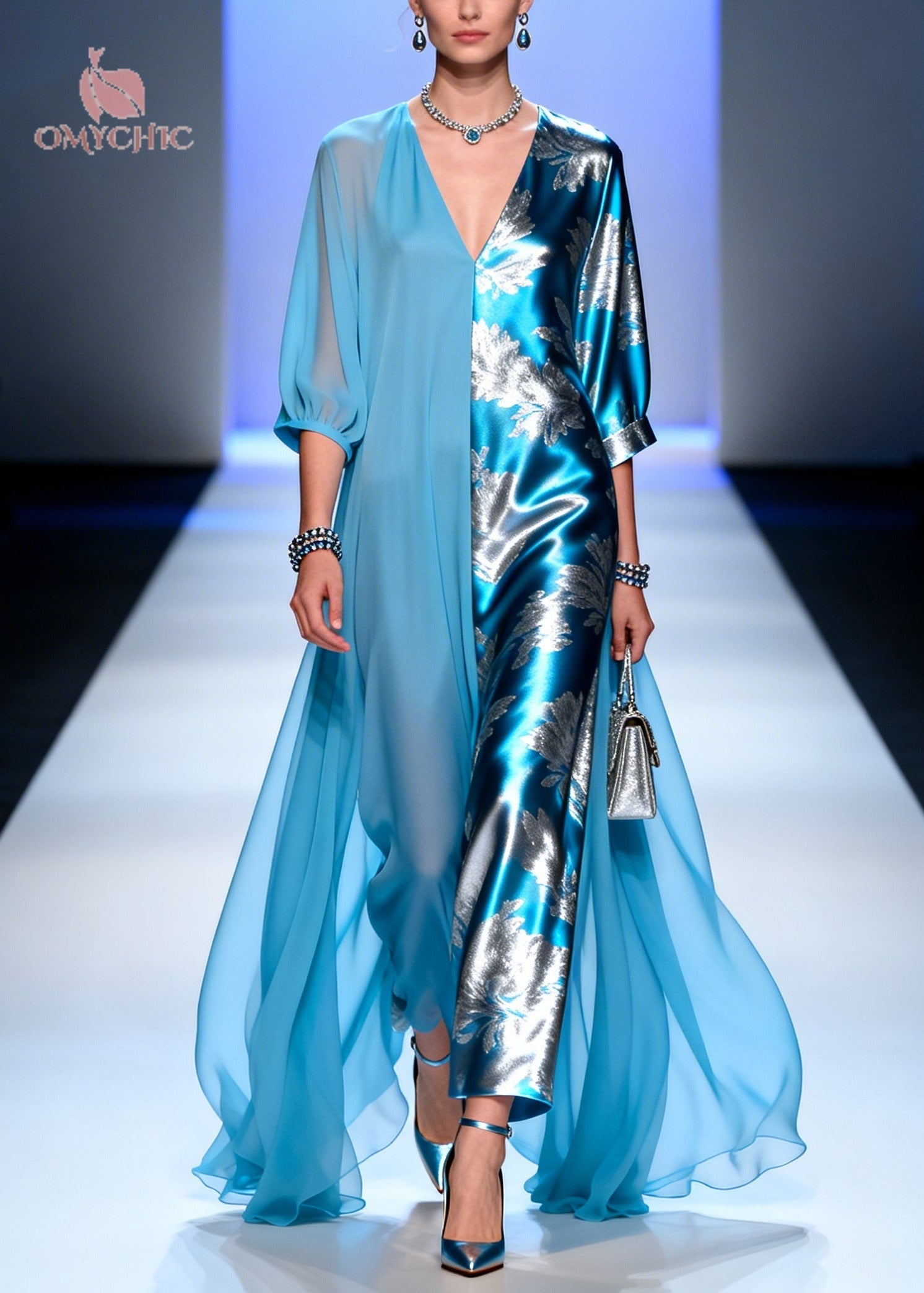 Plus Size Blue Asymmetrical Patchwork Chiffon Party Dress Summer