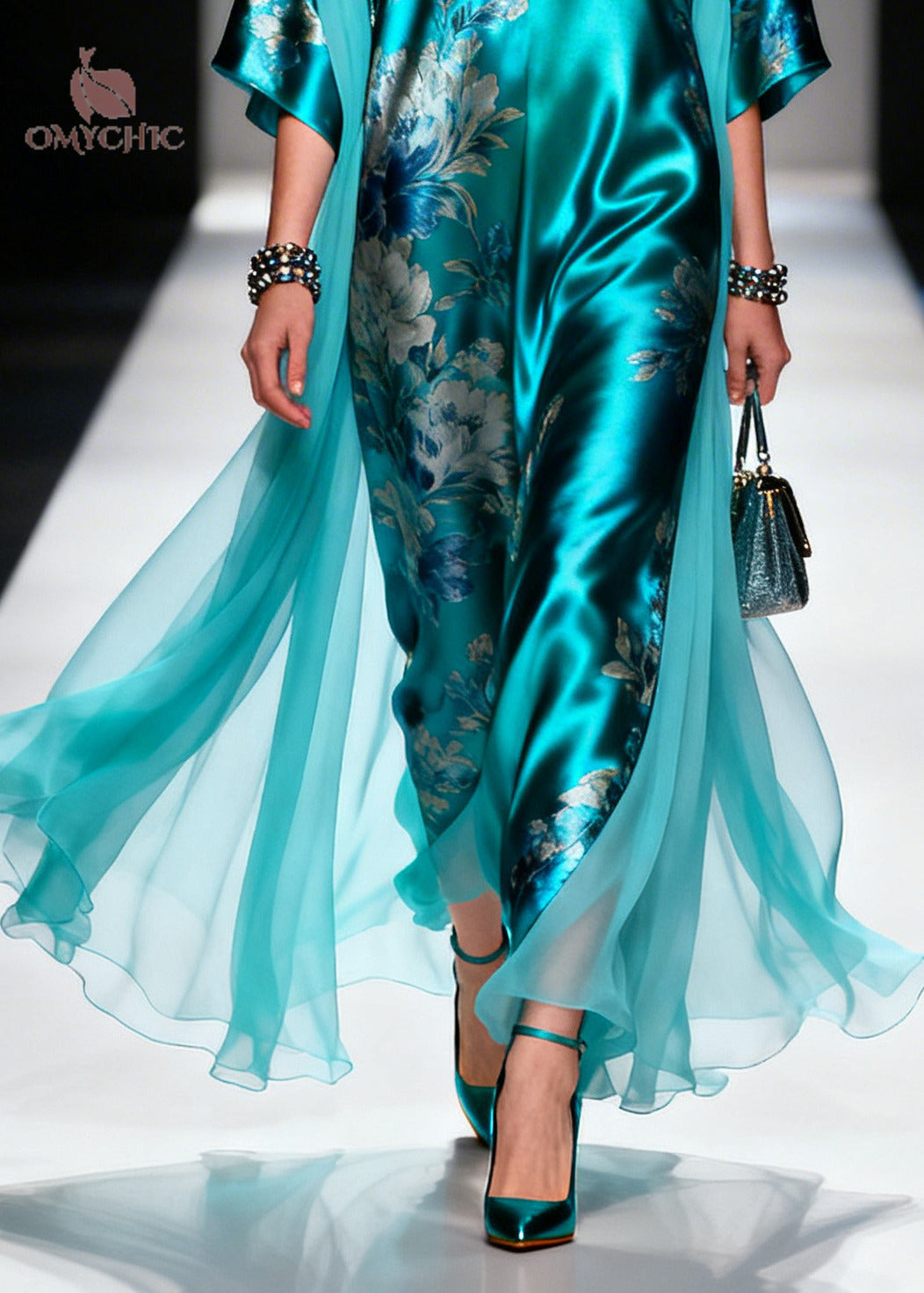 Plus Size Blue Oversized Patchwork Print Silk Holiday Dress Summer