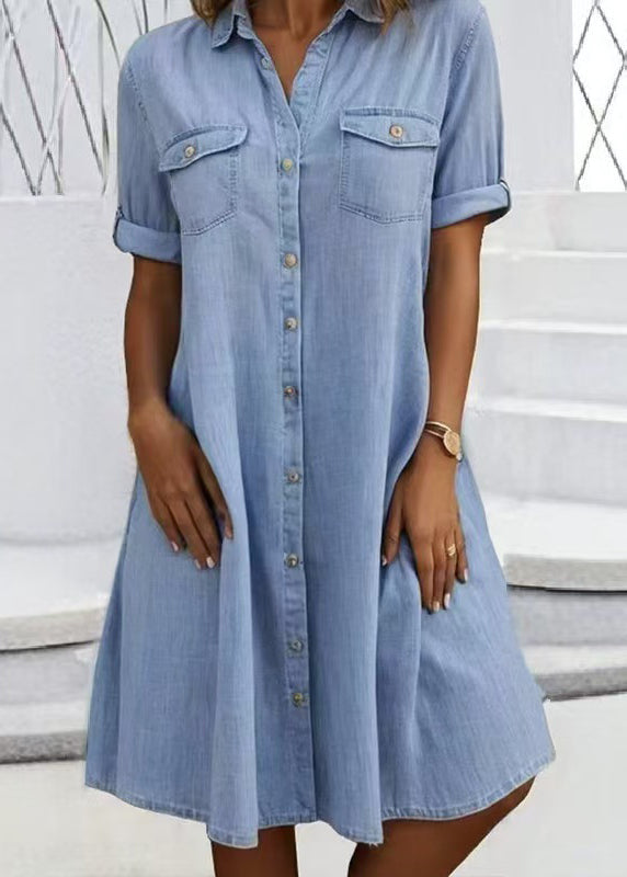 Plus Size Blue Peter Pan Collar Pockets Patchwork Denim Dresses Summer