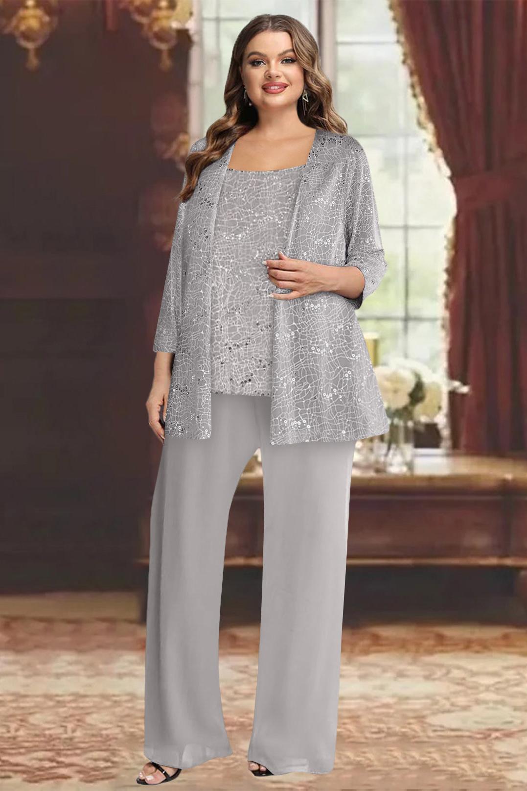 Plus Size Chiffon Mother of the Bride Pantsuit with Sequined Jacket