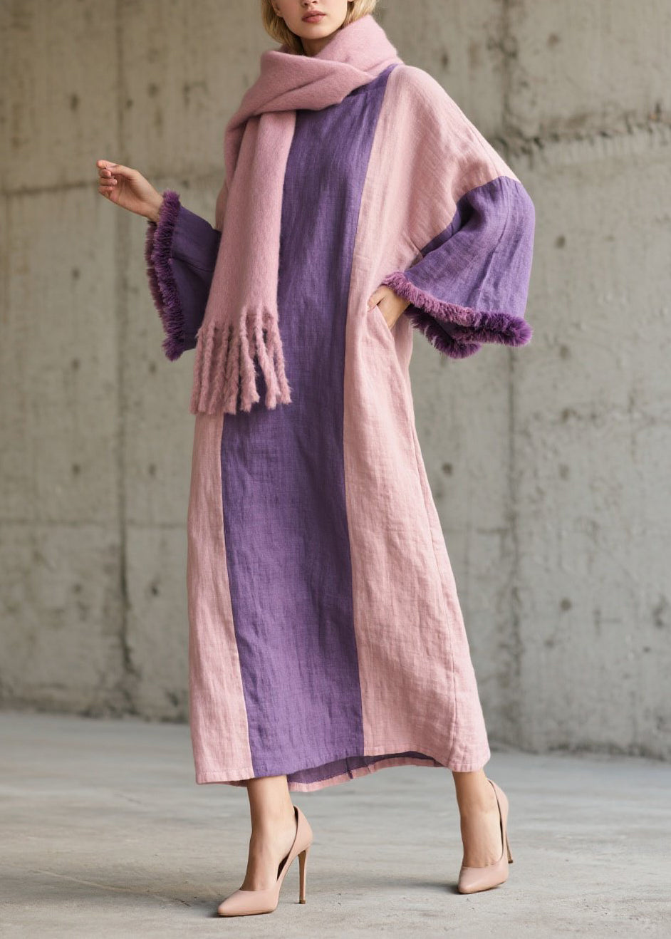 Plus Size Colorblock Fuzzy Fur Patchwork Cotton Dress Fall