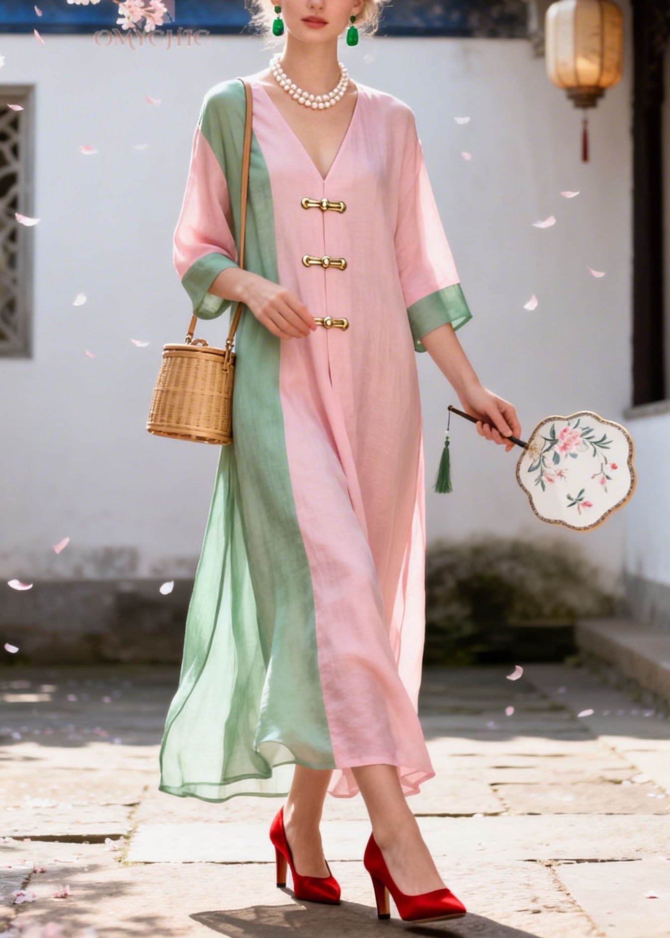 Plus Size Colorblock V Neck Patchwork Cotton Dress Summer