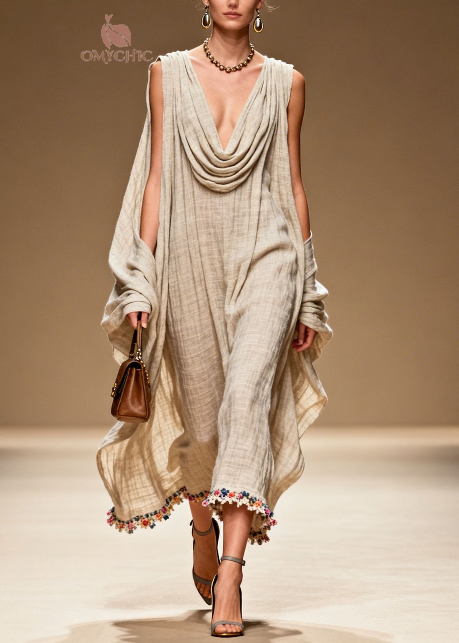 Plus Size Draped Neckline Floral Patchwork Linen Dress Summer