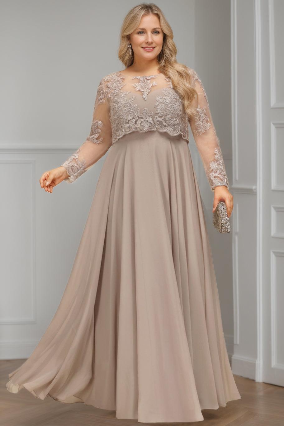 Plus Size Long A Line Mother of the Bride Dress with Scoop Neck and Long Sequined Sleeves