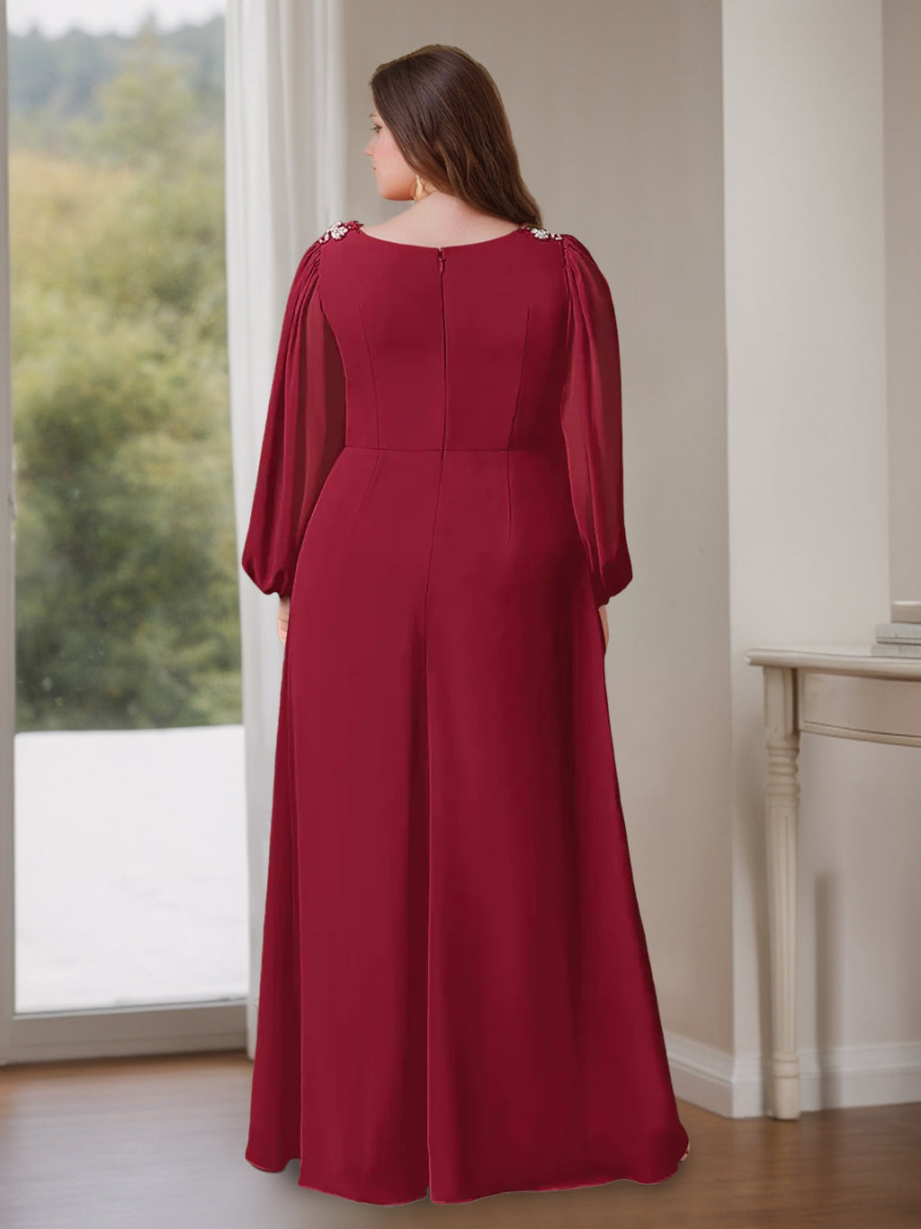Plus Size Long A Line Mother of the Bride Dress with V Neck and Long Ruffled Sleeves
