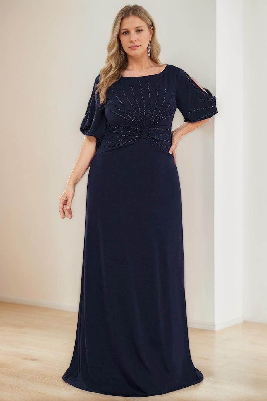 Plus Size Long A Line Mother of the Bride Dress with Hot Drill and Round Neck Half Sleeves