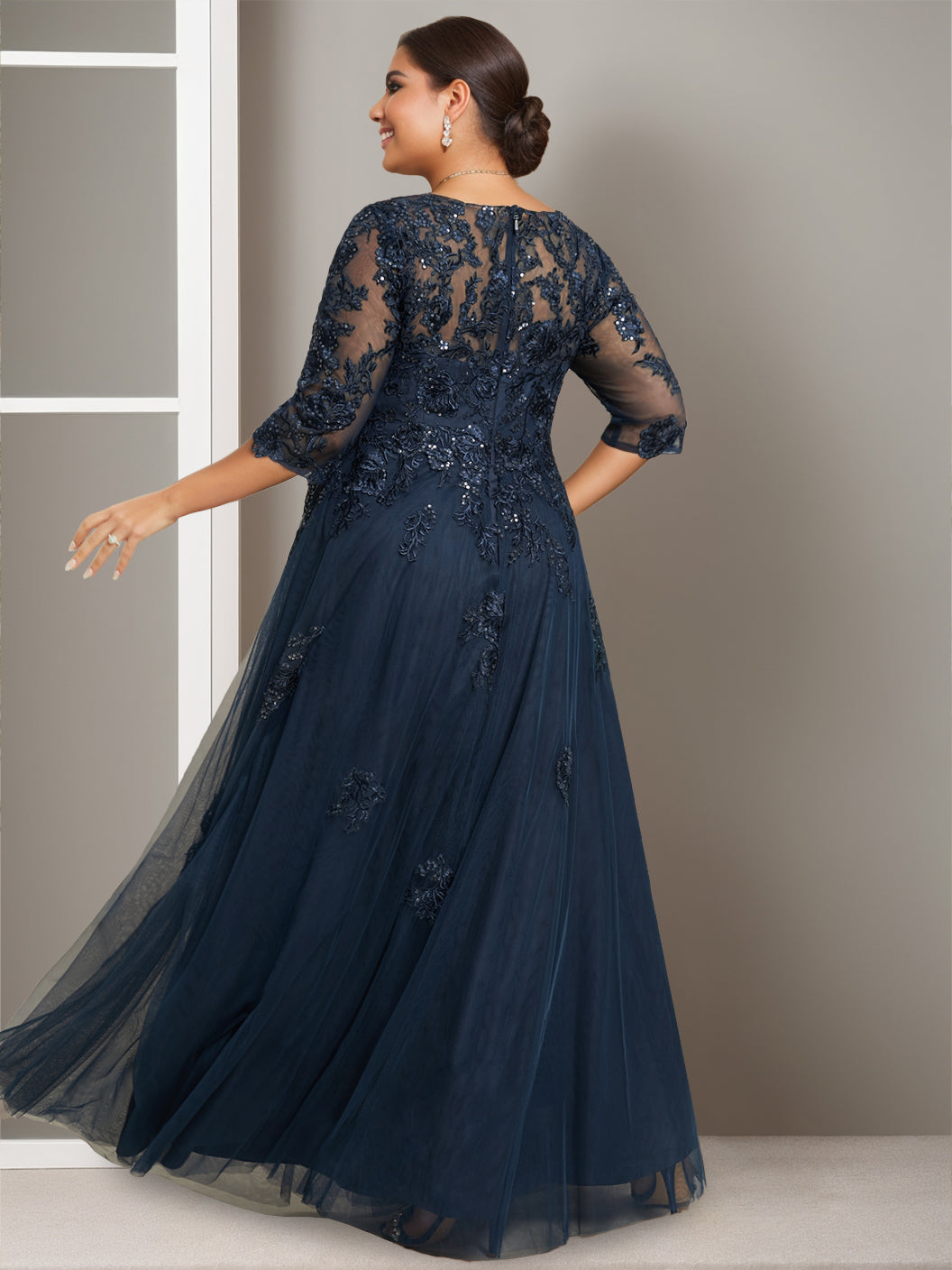 Plus Size Long A Line V Neck Mother of the Bride Dress with Half Sleeves and Sequins
