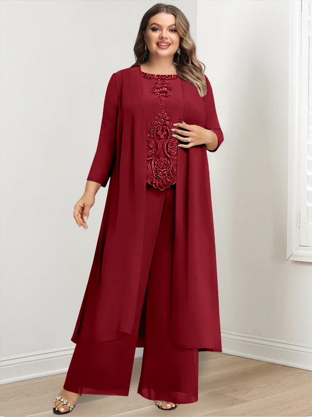 Plus Size Long Chiffon Pantsuit for the Mother of the Bride with Round Neck and Applique Jacket