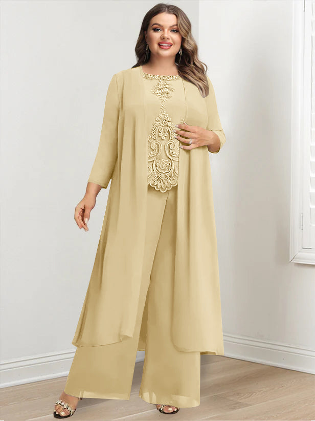 Plus Size Long Chiffon Pantsuit for the Mother of the Bride with Round Neck and Applique Jacket