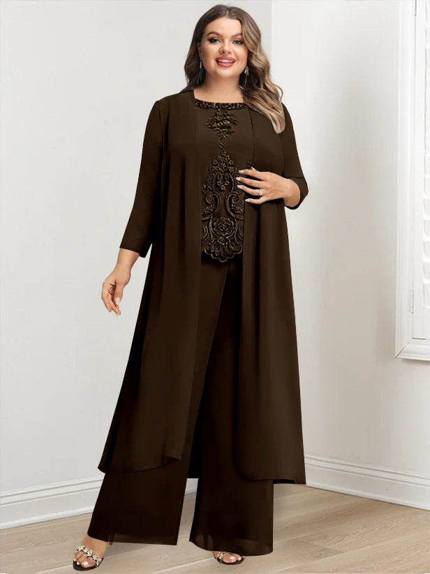 Plus Size Long Chiffon Pantsuit for the Mother of the Bride with Round Neck and Applique Jacket