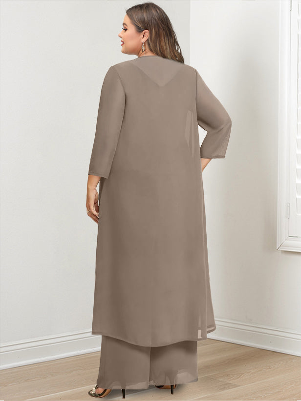 Plus Size Long Chiffon Pantsuit for the Mother of the Bride with Round Neck and Applique Jacket