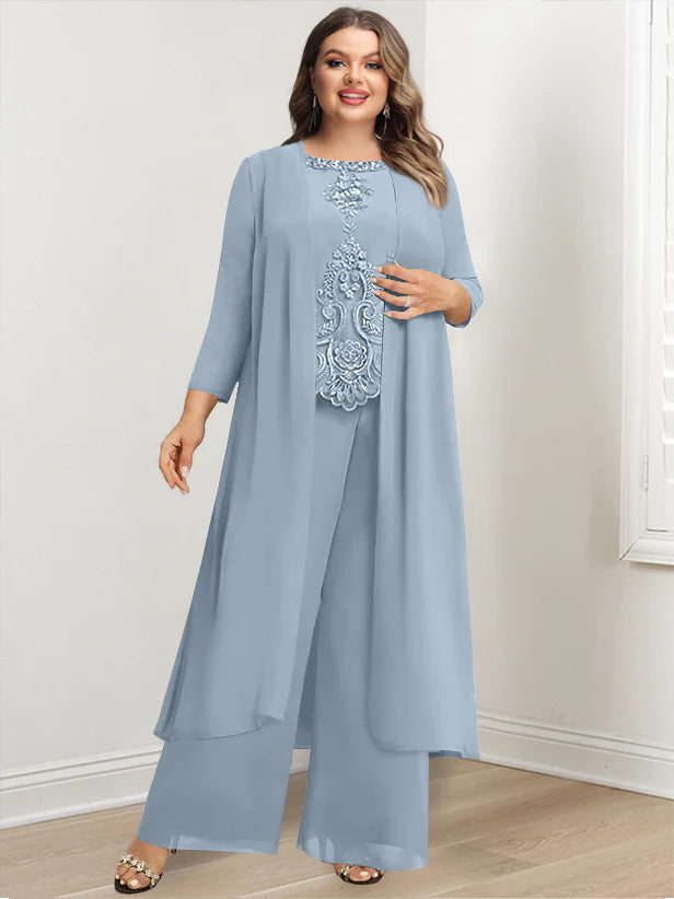Plus Size Long Chiffon Pantsuit for the Mother of the Bride with Round Neck and Applique Jacket