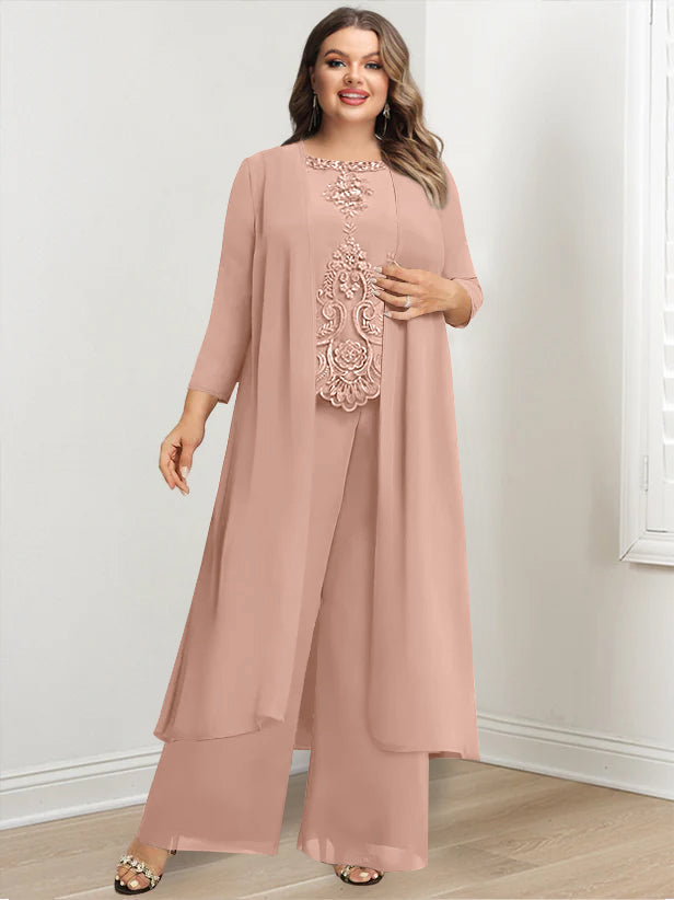 Plus Size Long Chiffon Pantsuit for the Mother of the Bride with Round Neck and Applique Jacket