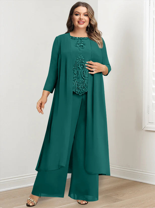 Plus Size Long Chiffon Pantsuit for the Mother of the Bride with Round Neck and Applique Jacket