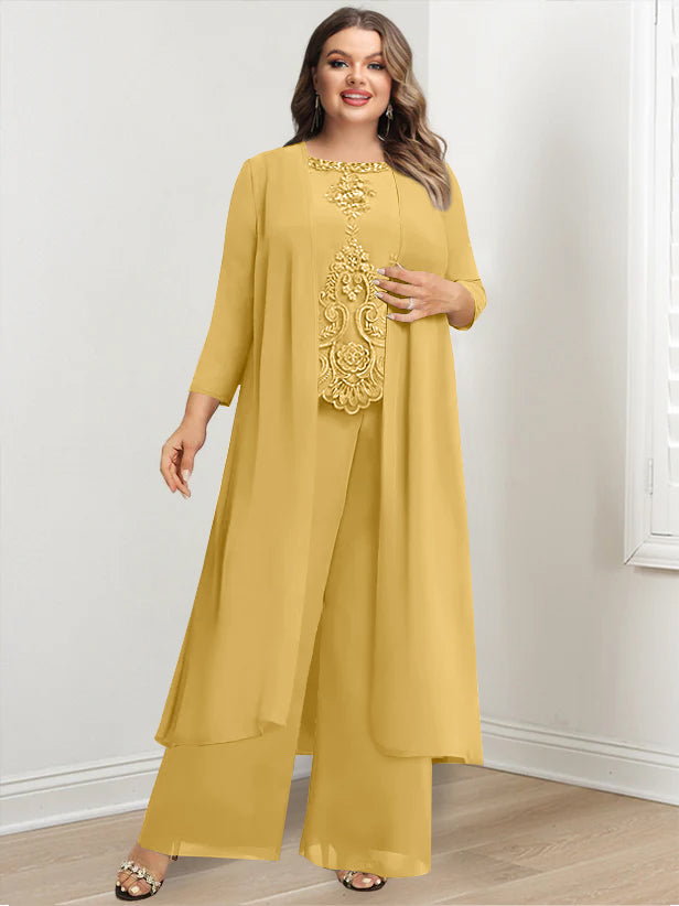 Plus Size Long Chiffon Pantsuit for the Mother of the Bride with Round Neck and Applique Jacket