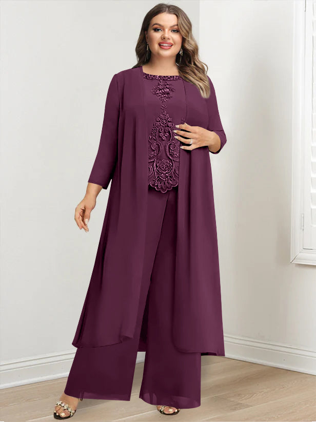 Plus Size Long Chiffon Pantsuit for the Mother of the Bride with Round Neck and Applique Jacket