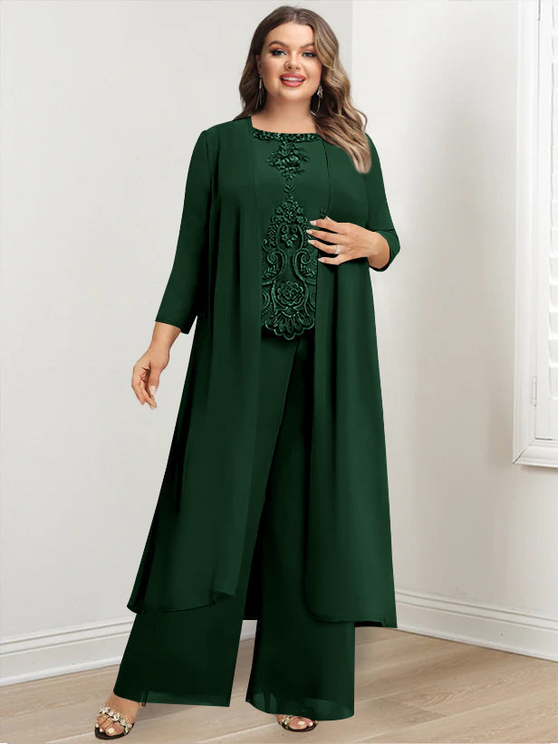 Plus Size Long Chiffon Pantsuit for the Mother of the Bride with Round Neck and Applique Jacket