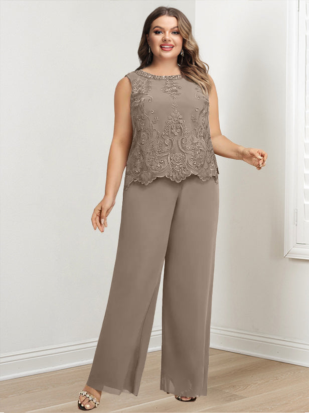 Plus Size Long Chiffon Pantsuit for the Mother of the Bride with Round Neck and Applique Jacket